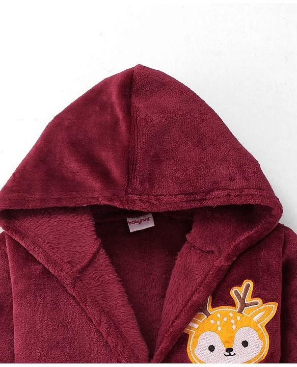 Babyhug Velour Knit Full Sleeves Hooded Bath Robe With Elastic At Waist & Deer Patch - Maroon