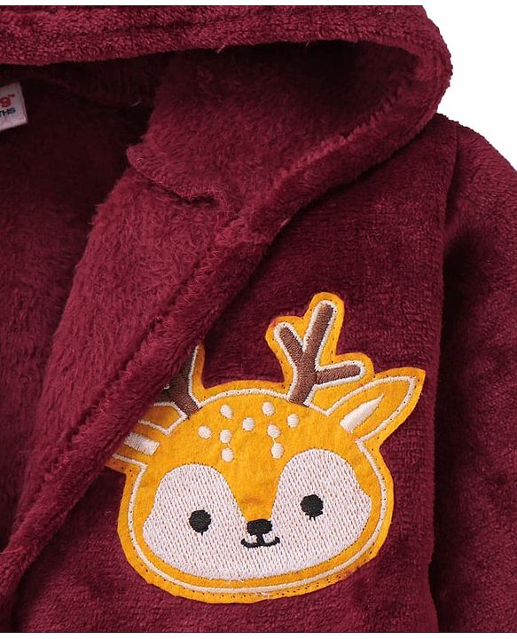 Babyhug Velour Knit Full Sleeves Hooded Bath Robe With Elastic At Waist & Deer Patch - Maroon