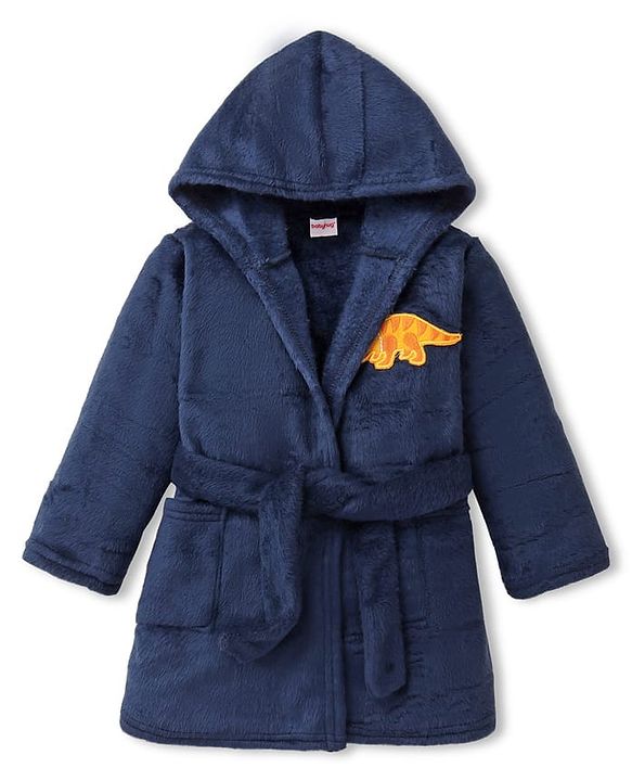 Babyhug Velour Knit Full Sleeves Hooded Bath Robe With Elastic At Waist & Dino Patch - Navy Blue