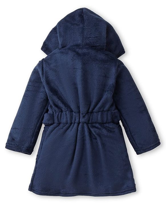 Babyhug Velour Knit Full Sleeves Hooded Bath Robe With Elastic At Waist & Dino Patch - Navy Blue