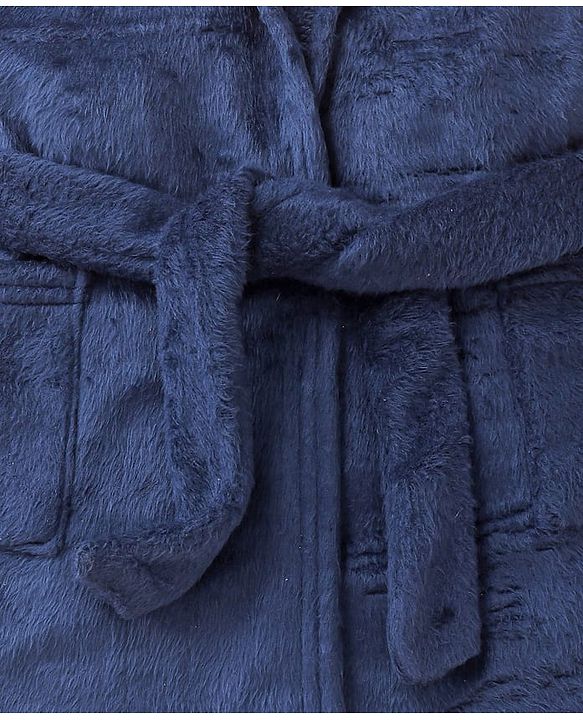 Babyhug Velour Knit Full Sleeves Hooded Bath Robe With Elastic At Waist & Dino Patch - Navy Blue