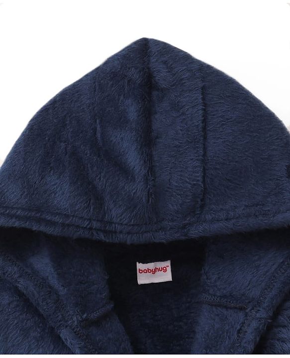 Babyhug Velour Knit Full Sleeves Hooded Bath Robe With Elastic At Waist & Dino Patch - Navy Blue