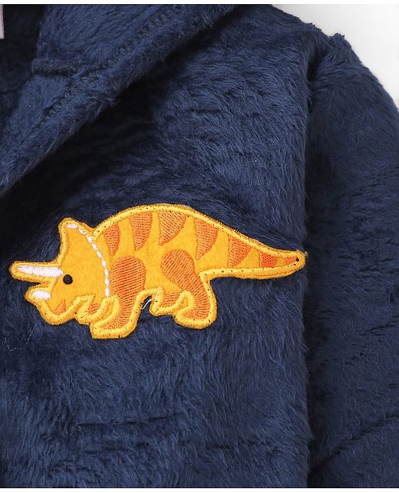 Babyhug Velour Knit Full Sleeves Hooded Bath Robe With Elastic At Waist & Dino Patch - Navy Blue