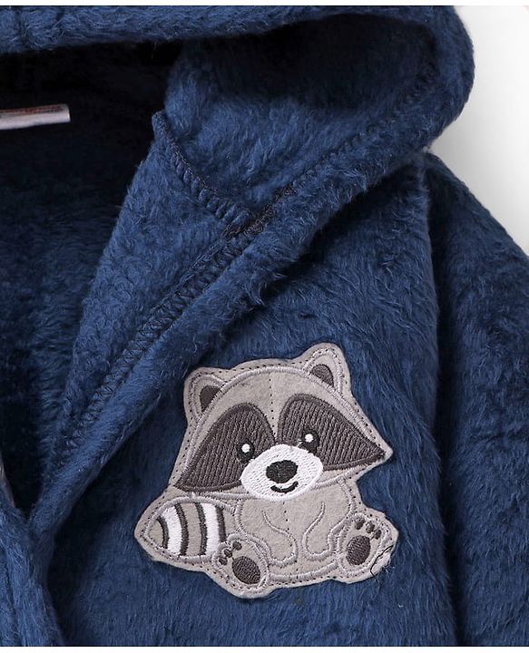 Babyhug Velour Knit Full Sleeves Hooded Bath Robe With Elastic At Waist & Raccoon Patch - Navy Blue