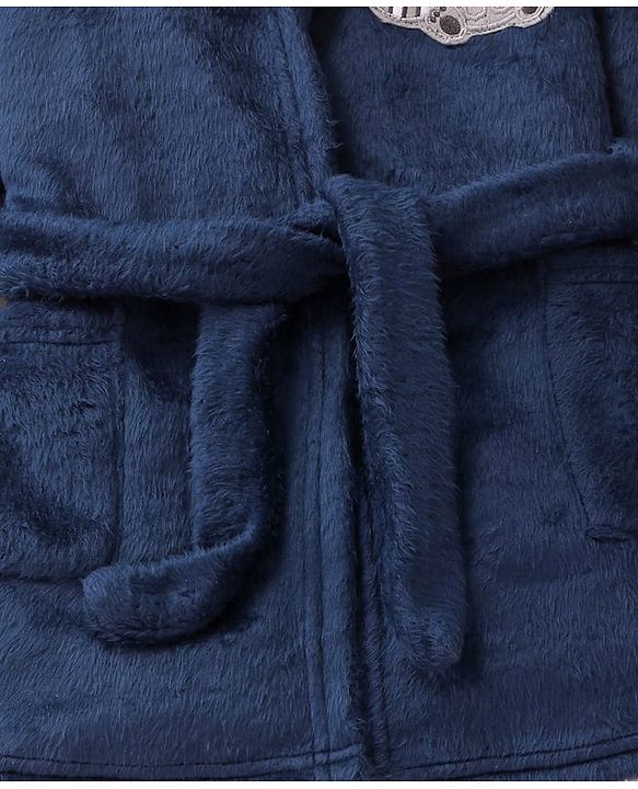 Babyhug Velour Knit Full Sleeves Hooded Bath Robe With Elastic At Waist & Raccoon Patch - Navy Blue