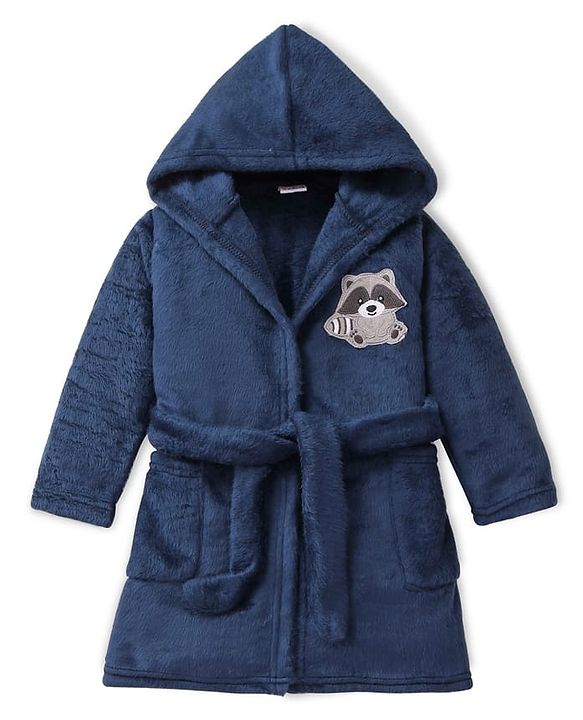 Babyhug Velour Knit Full Sleeves Hooded Bath Robe With Elastic At Waist & Raccoon Patch - Navy Blue