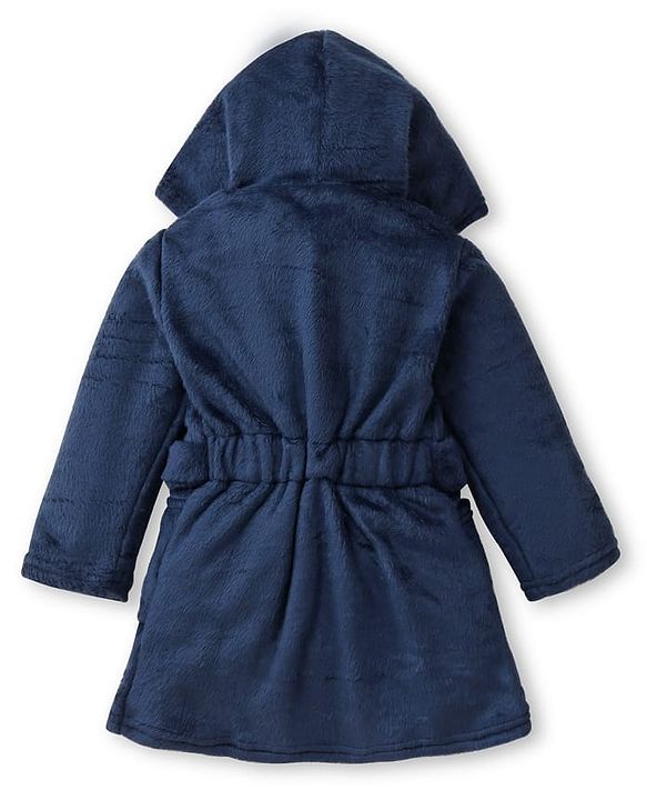 Babyhug Velour Knit Full Sleeves Hooded Bath Robe With Elastic At Waist & Raccoon Patch - Navy Blue