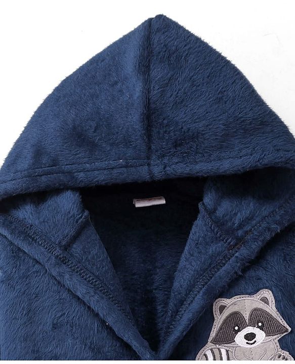 Babyhug Velour Knit Full Sleeves Hooded Bath Robe With Elastic At Waist & Raccoon Patch - Navy Blue