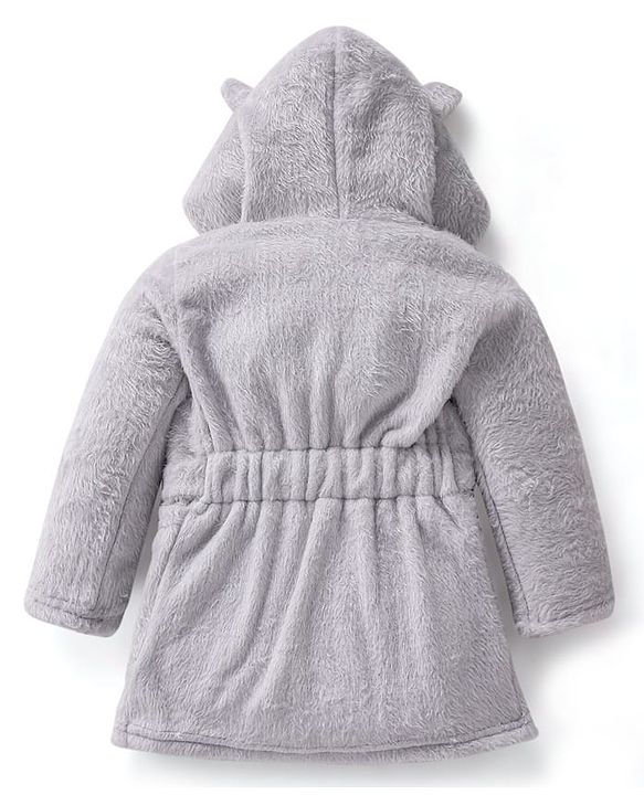 Babyhug Velour Knit Full Sleeves Solid Hooded Bath Robe with Ear Applique - Grey