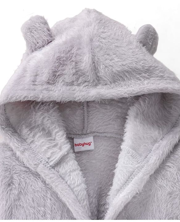 Babyhug Velour Knit Full Sleeves Solid Hooded Bath Robe with Ear Applique - Grey