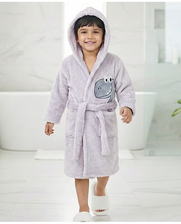 Babyhug Terry Knit Full Sleeves Hooded Bath Robe With Dino Patch - Grey