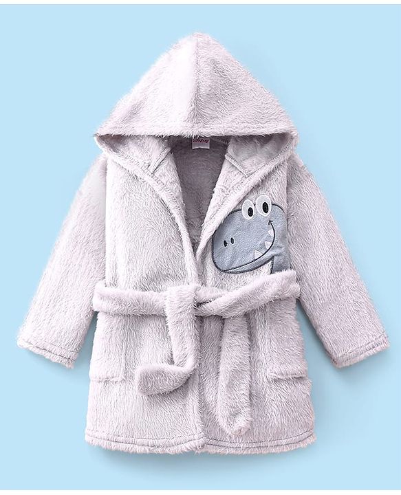 Babyhug Terry Knit Full Sleeves Hooded Bath Robe With Dino Patch - Grey