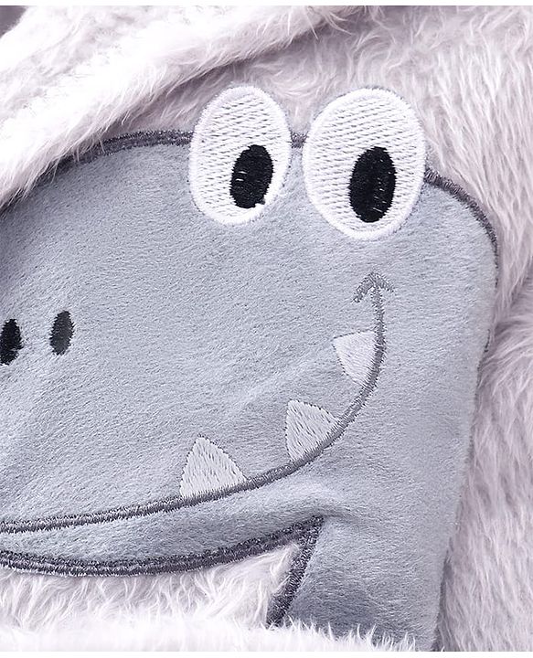 Babyhug Terry Knit Full Sleeves Hooded Bath Robe With Dino Patch - Grey