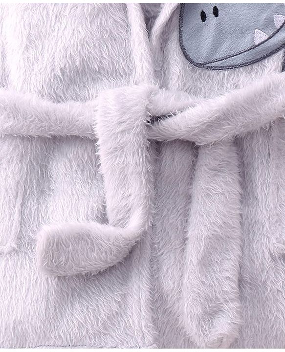 Babyhug Terry Knit Full Sleeves Hooded Bath Robe With Dino Patch - Grey