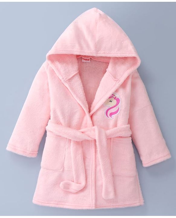 Babyhug Velour Knit Full Sleeves Hooded Bath Robe With Elastic on Waist & Unicorn Embroidery - Pink