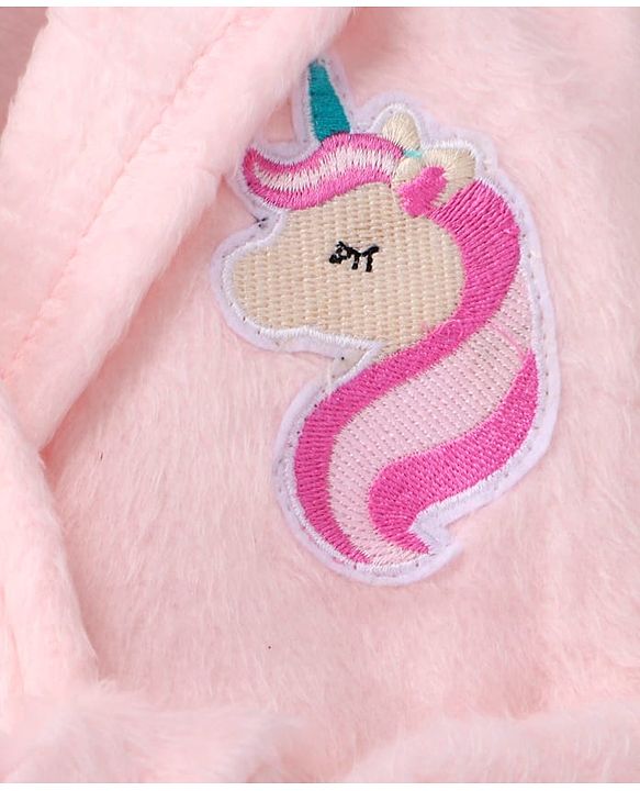Babyhug Velour Knit Full Sleeves Hooded Bath Robe With Elastic on Waist & Unicorn Embroidery - Pink