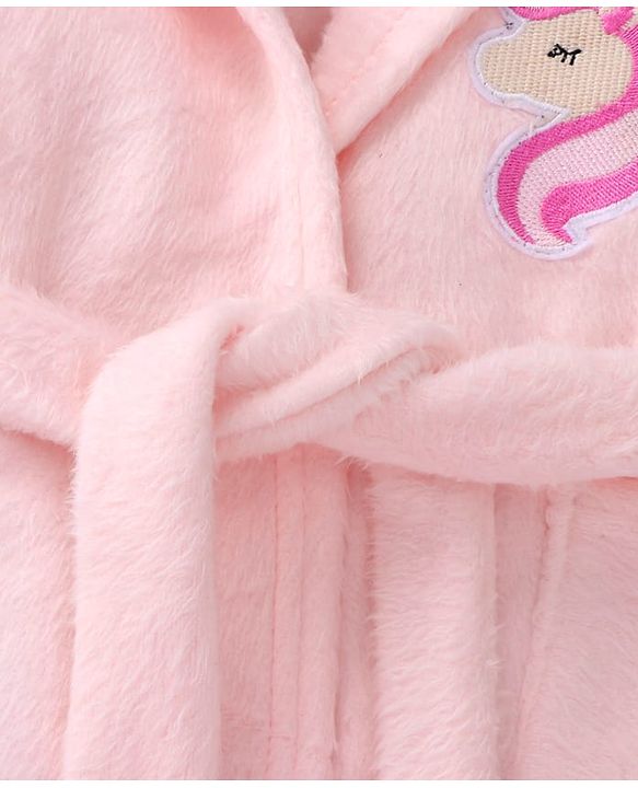 Babyhug Velour Knit Full Sleeves Hooded Bath Robe With Elastic on Waist & Unicorn Embroidery - Pink
