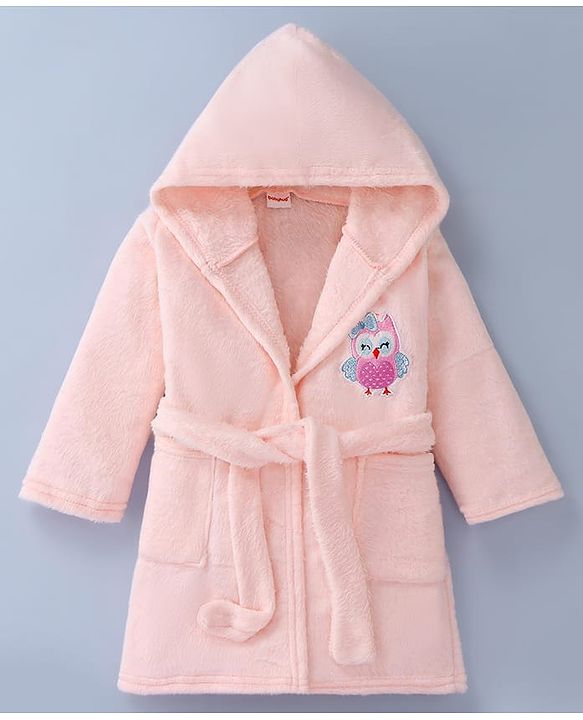 Babyhug Velour Knit Full Sleeves Hooded Bath Robe With Elastic At Waist & Owl Embroidery - Light Pink