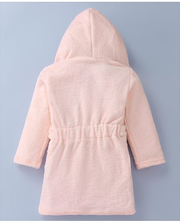 Babyhug Velour Knit Full Sleeves Hooded Bath Robe With Elastic At Waist & Owl Embroidery - Light Pink