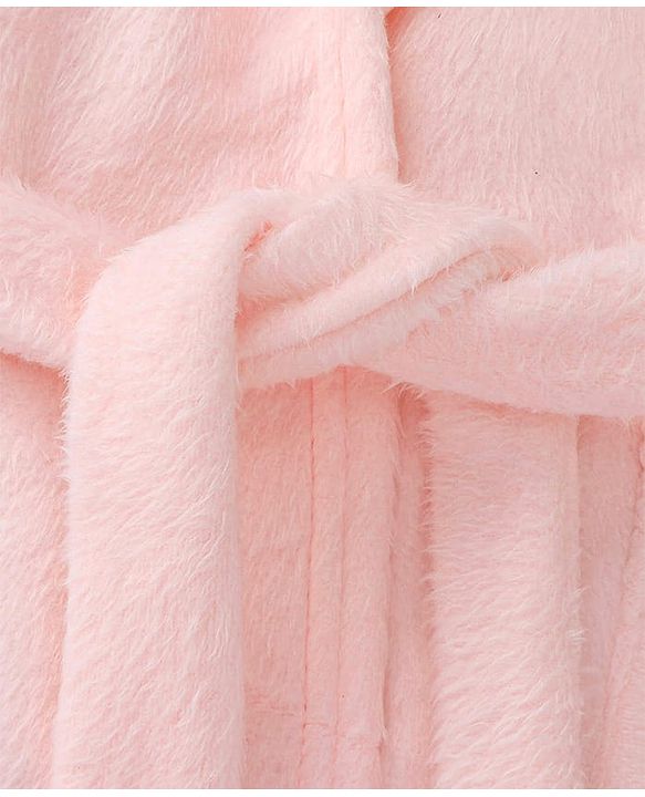 Babyhug Velour Knit Full Sleeves Hooded Bath Robe With Elastic At Waist & Owl Embroidery - Light Pink