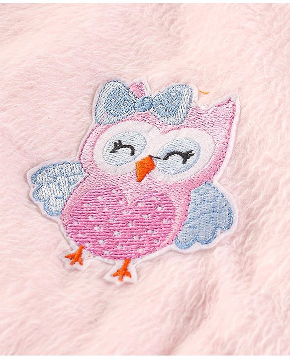 Babyhug Velour Knit Full Sleeves Hooded Bath Robe With Elastic At Waist & Owl Embroidery - Light Pink