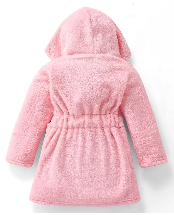 Babyhug Velour Knit Full Sleeves Hooded Bath Robe With Floral Patch - Pink