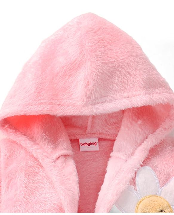 Babyhug Velour Knit Full Sleeves Hooded Bath Robe With Floral Patch - Pink