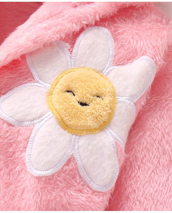 Babyhug Velour Knit Full Sleeves Hooded Bath Robe With Floral Patch - Pink