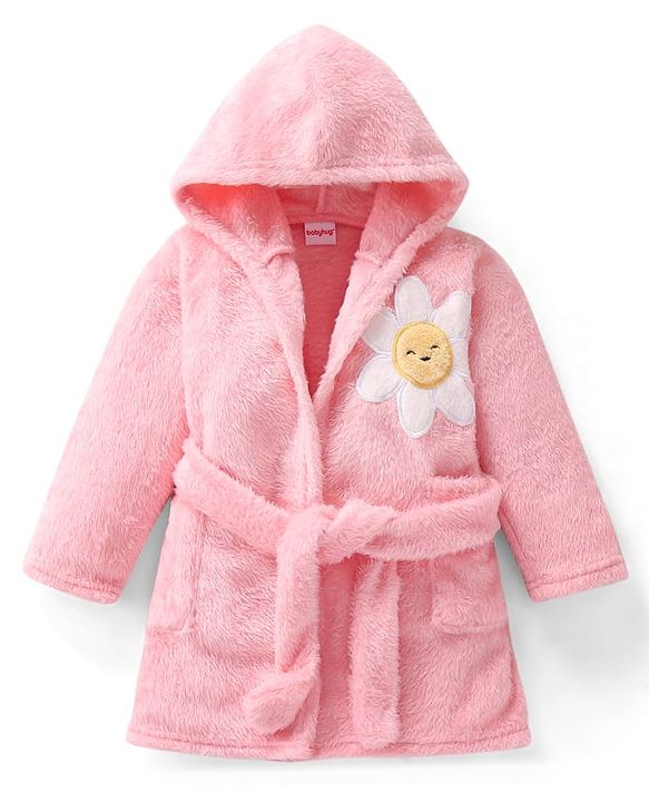 Babyhug Velour Knit Full Sleeves Hooded Bath Robe With Floral Patch - Pink
