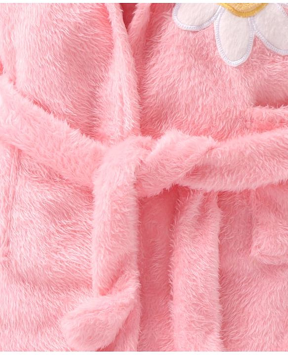 Babyhug Velour Knit Full Sleeves Hooded Bath Robe With Floral Patch - Pink