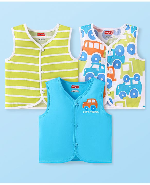 Babyhug 100% Cambric Woven  Sleeveless Front Open Jhabla with Vehicle  & Stripe Print  Pack of 3 - Green & Blue