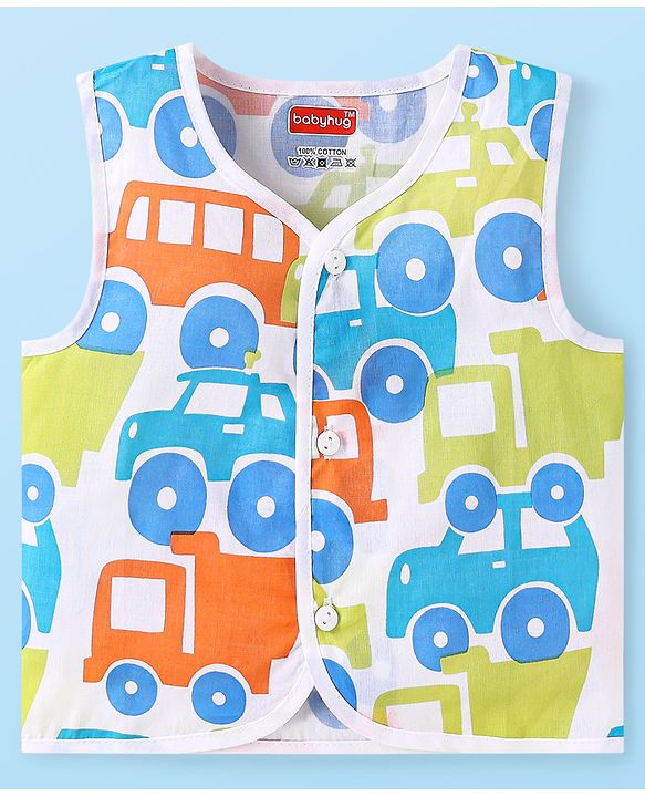 Babyhug 100% Cambric Woven  Sleeveless Front Open Jhabla with Vehicle  & Stripe Print  Pack of 3 - Green & Blue