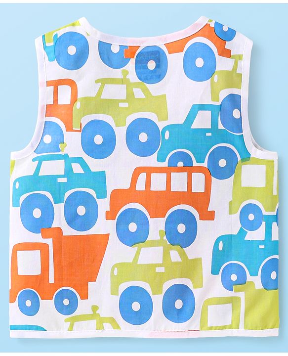 Babyhug 100% Cambric Woven  Sleeveless Front Open Jhabla with Vehicle  & Stripe Print  Pack of 3 - Green & Blue