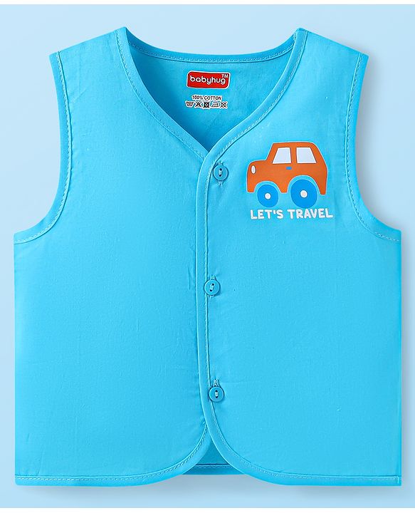 Babyhug 100% Cambric Woven  Sleeveless Front Open Jhabla with Vehicle  & Stripe Print  Pack of 3 - Green & Blue