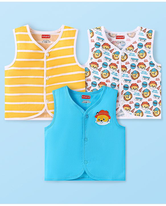 Babyhug 100% Cambric Woven Sleeveless Front Open Jhabla with Lion & Stripe Print  Pack of 3 - Yellow White & Blue