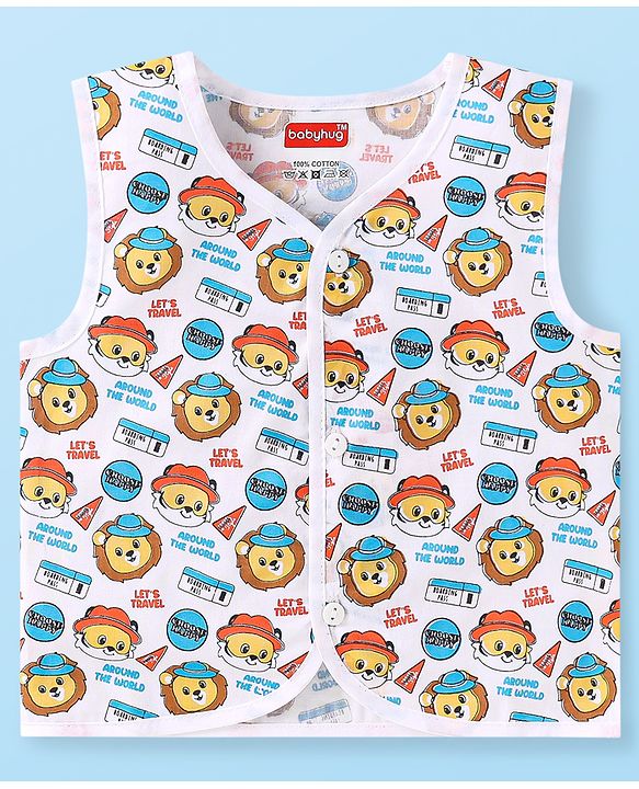 Babyhug 100% Cambric Woven Sleeveless Front Open Jhabla with Lion & Stripe Print  Pack of 3 - Yellow White & Blue