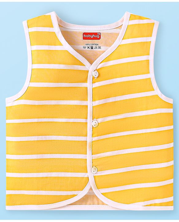 Babyhug 100% Cambric Woven Sleeveless Front Open Jhabla with Lion & Stripe Print  Pack of 3 - Yellow White & Blue