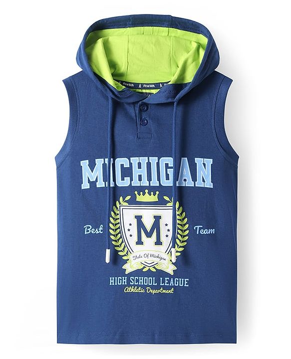 Pine Kids Cotton Knit Sleeveless Hooded T-Shirt with Text Print - Navy Blue