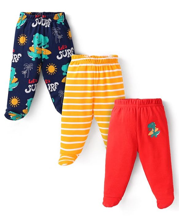 Babyhug Interlock Knit  Footed Leggings with Stripes Design &  Dino Print Pack of 3 - Navy Blue Yellow & Red