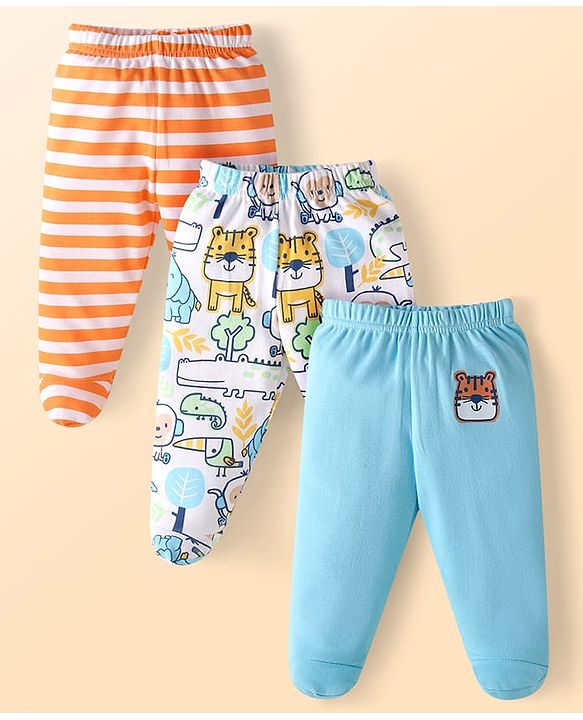 Babyhug Cotton Knit Full Length Bottie Leggings with Strips & Animal Print Pack of 3 - Orange White & Light Blue