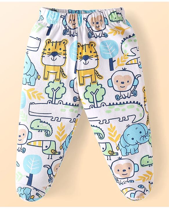 Babyhug Cotton Knit Full Length Bottie Leggings with Strips & Animal Print Pack of 3 - Orange White & Light Blue