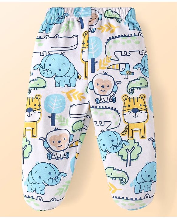 Babyhug Cotton Knit Full Length Bottie Leggings with Strips & Animal Print Pack of 3 - Orange White & Light Blue