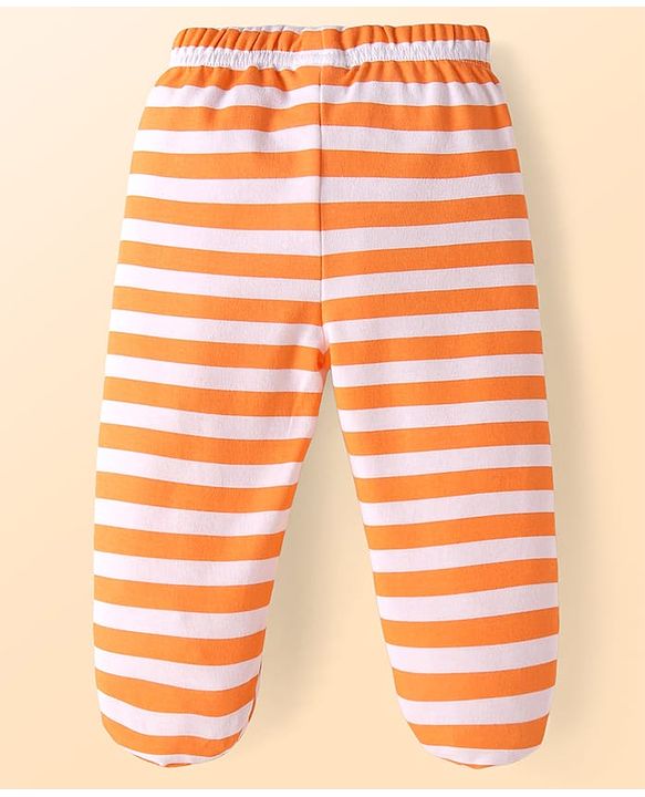 Babyhug Cotton Knit Full Length Bottie Leggings with Strips & Animal Print Pack of 3 - Orange White & Light Blue