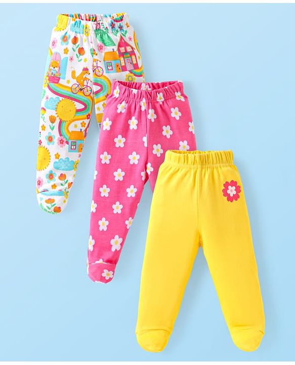 Babyhug Cotton Knit Full Length Bootie Leggings with Floral Print Pack of 3 - Yellow White & Pink