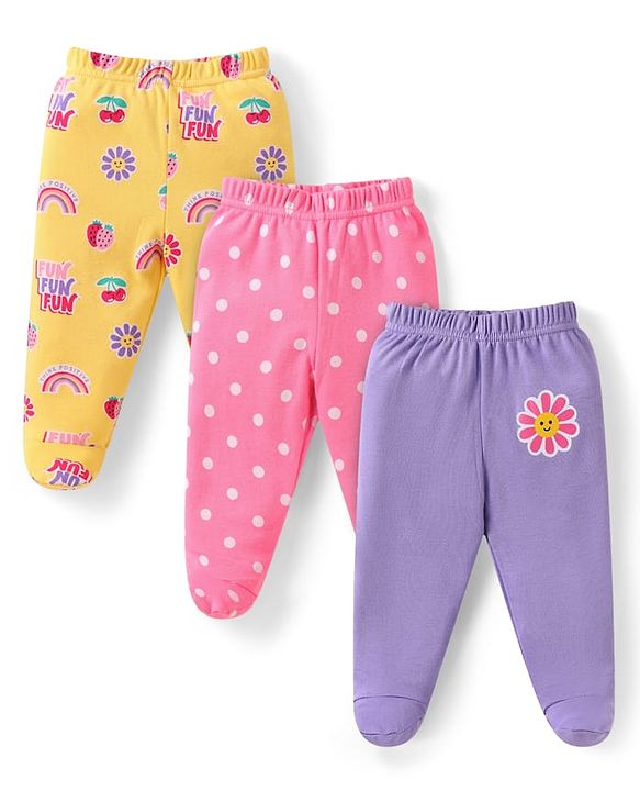 Babyhug Interlock Knit Footed Leggings with Polka Dots Floral & Rainbow Print Pack of 3 - Yellow Pink & Lilac
