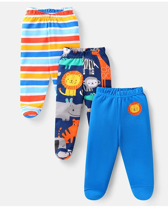 Babyhug Interlock Knit Bootie Leggings With Stripes & Animal Print Pack Of 3 -Blue & Navy Blue