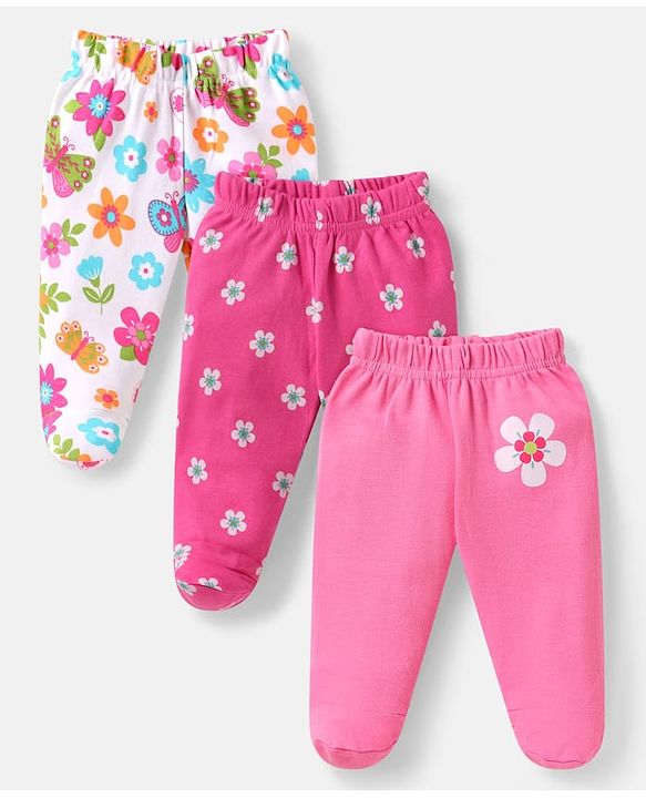 Babyhug Interlock Knit Footed Leggings with Floral Print Pack of 3 - White & Pink