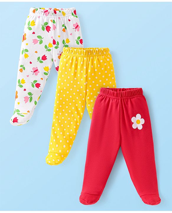 Babyhug Interlock Cotton Knit Footed Bootie Leggings Floral Print Pack of 3 - Red Yellow White