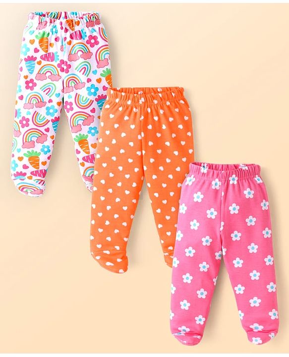 Babyhug Interlock Knit Bootie Leggings with Hearts & Floral Print Pack of 3 - White Orange & Pink