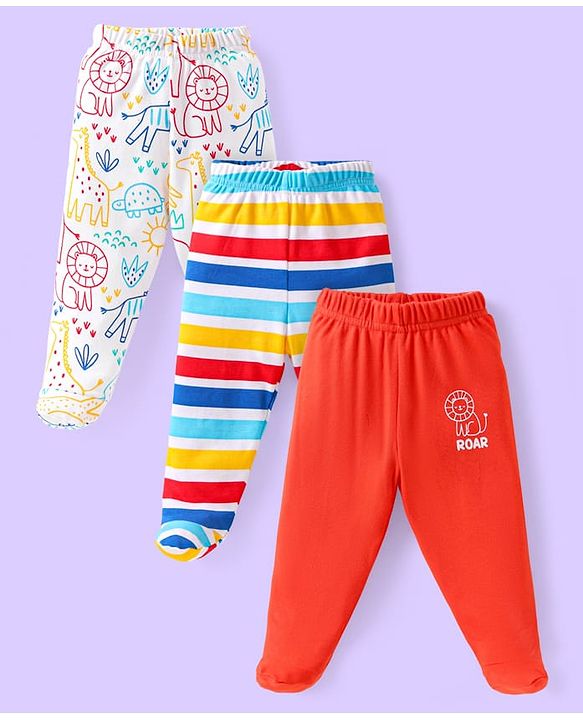 Babyhug Cotton Knit Full Length Bottie Leggings with Strips & Animal Print Pack of 3 - Red White & Light Blue